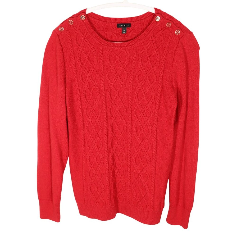 TALBOTS Textured Cable Knit Wool Blend Button Shoulder Sweater Size M Fisherman